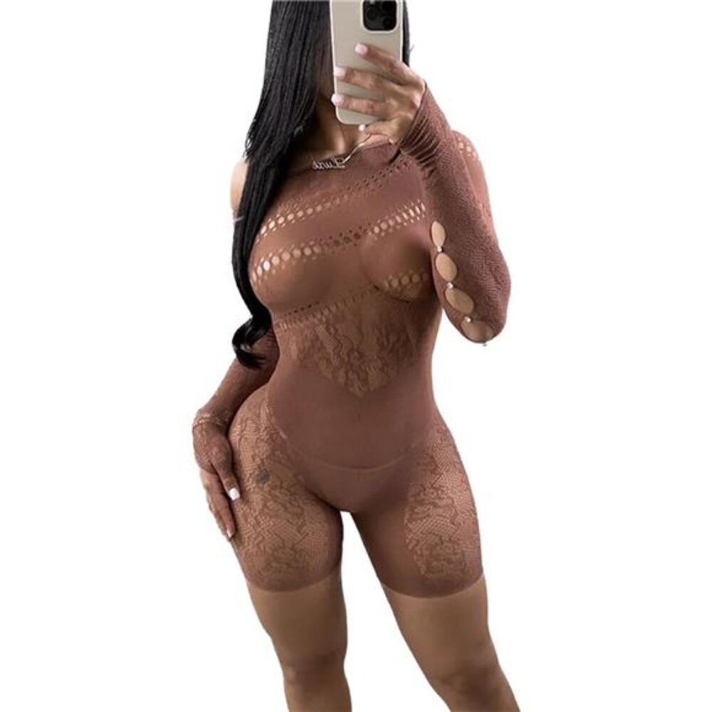 Women's Sexy See Through Long Sleeve Rhinestone Accent One Shoulder Cutout Mesh